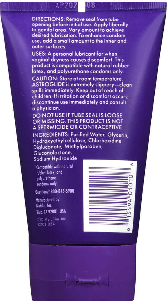 Astroglide Water-based Gel Lubricant Tube 4 Oz back label showing directions and ingredients.
