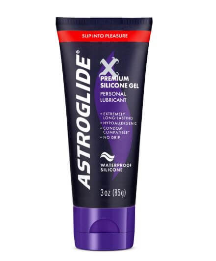 Astroglide X Premium Silicone Gel Lubricant 3 Oz tube with waterproof formula for long-lasting glide.
