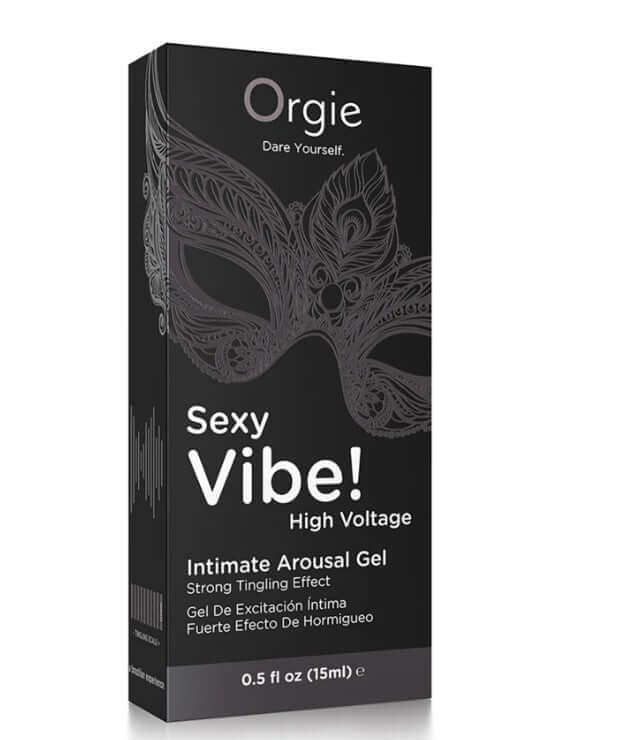 Orgie Sexy Vibe High Voltage Intimate Arousal Gel 15 ml packaging featuring a decorative mask design and product benefits.