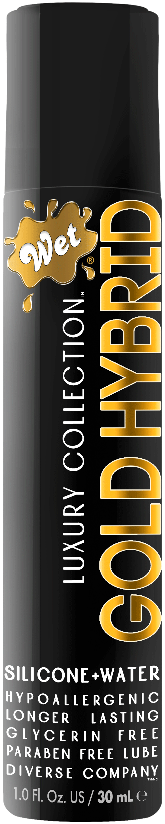 Wet Gold Hybrid Water Silicone Lubricant 1 Oz bottle with luxury collection label for enhanced comfort and performance.