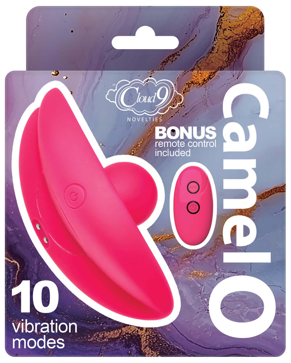 Camel Toe Shaped Vibrator With Remote Pink packaging featuring remote control and 10 vibration modes.