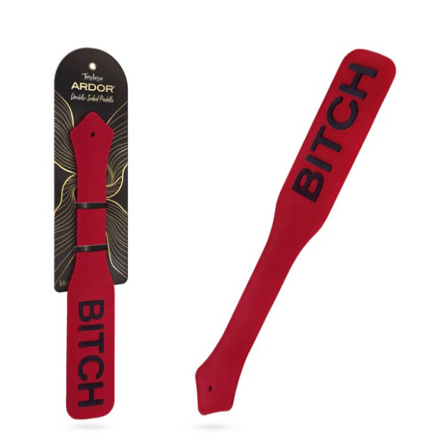 Temptasia Ardor Silicone Paddle Red with 'BITCH' text showcased on packaging.