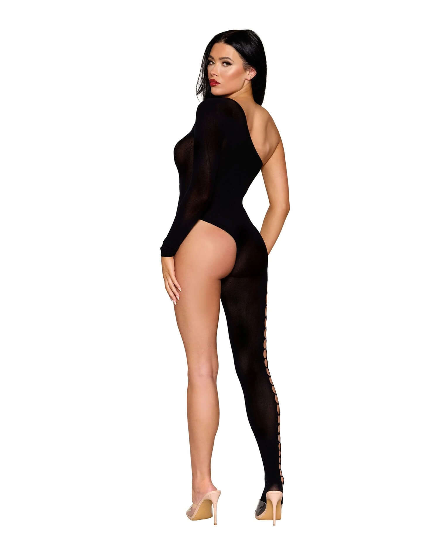 Woman wearing black Bodystocking Dmnd, one size fits most, made with nylon and spandex, featuring unique asymmetric design.