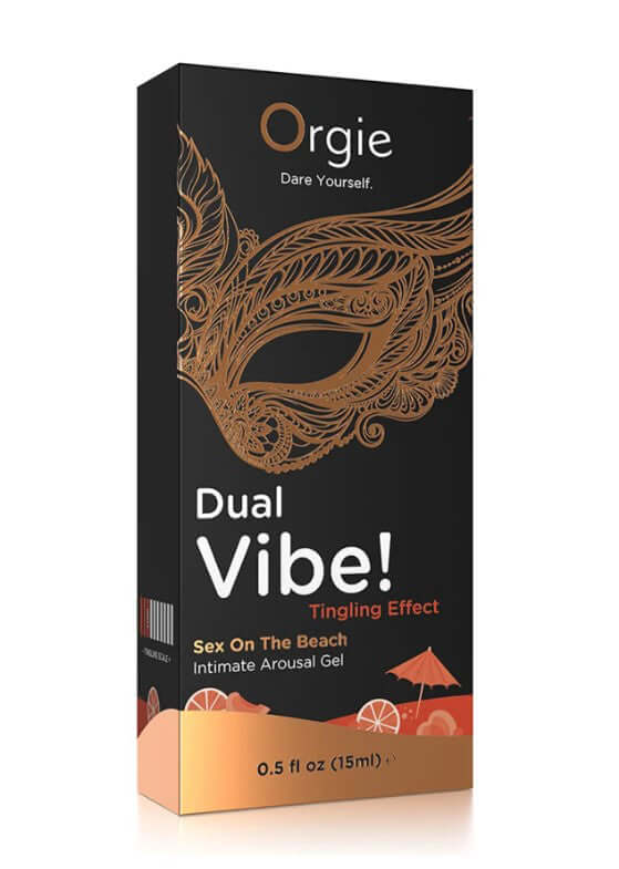 Orgie Dual Vibe Sex on the Beach Kissable Liquid Vibrator 15 ml packaging showing tingling effect and intimate arousal gel.
