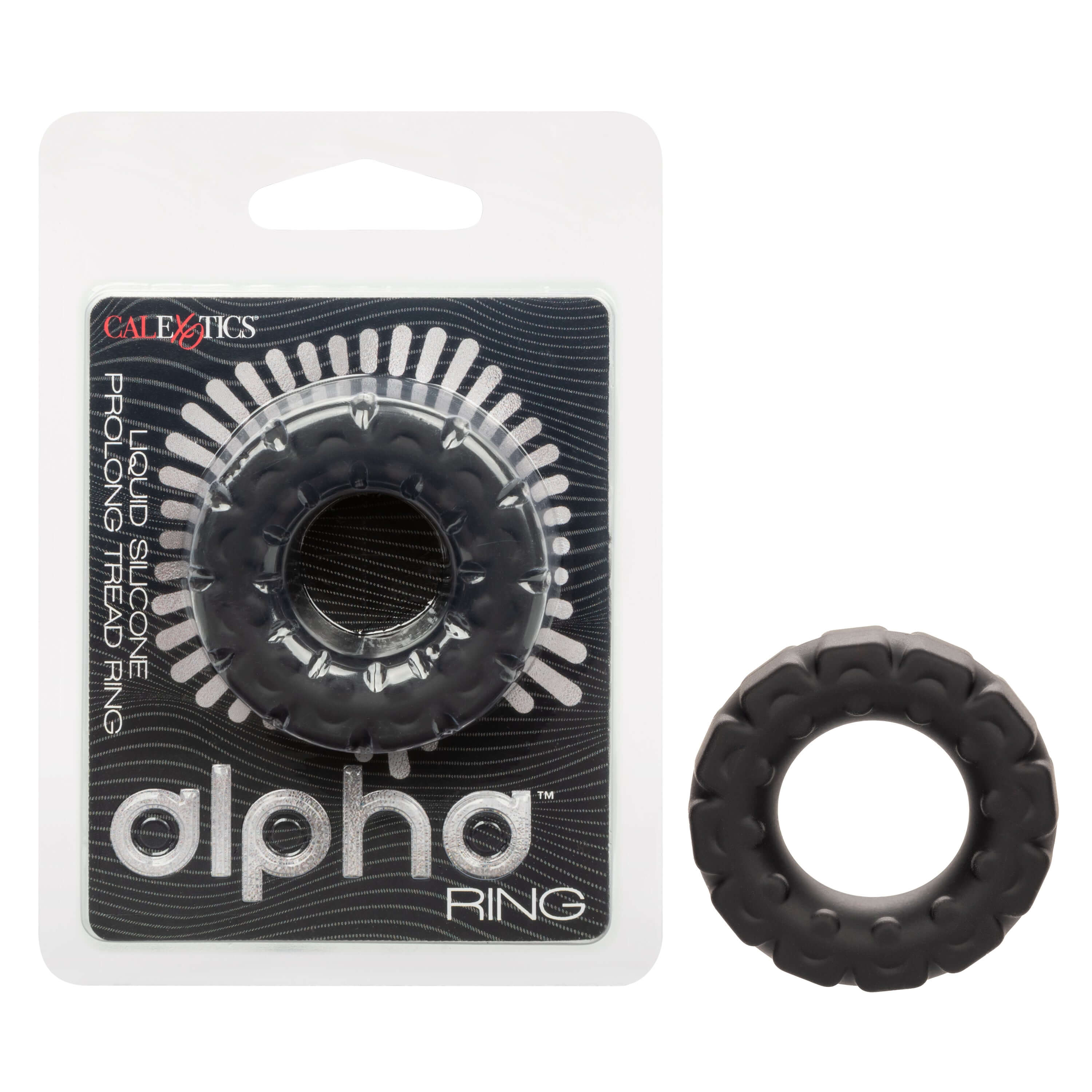 Alpha Liquid Silicone Prolong Tread Ring Black packaged with a textured silicone design for durability and comfort.
