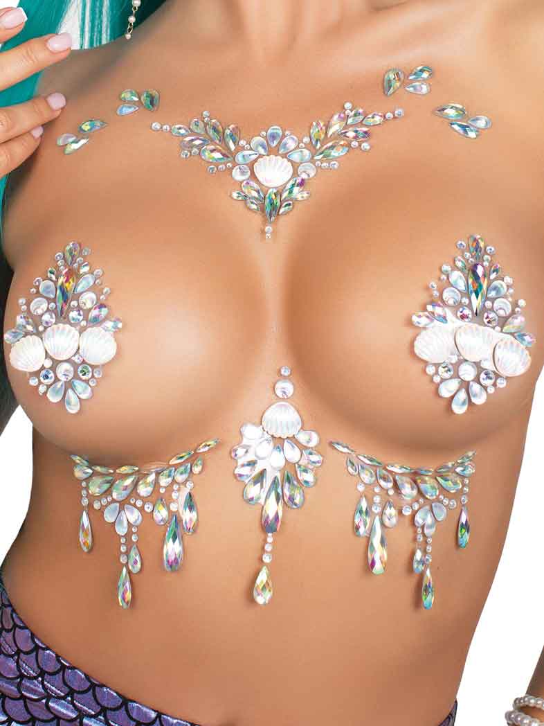 Siren Adhesive Body Jewels Sticker in Clear on Model's Chest for Costumes or Dress-Up Events