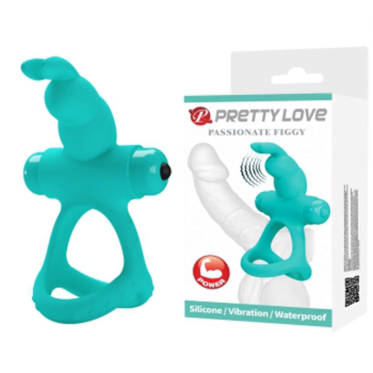 Passionate Figgy Penis Ring Turquoise with packaging, highlighting silicone, vibration, and waterproof features.