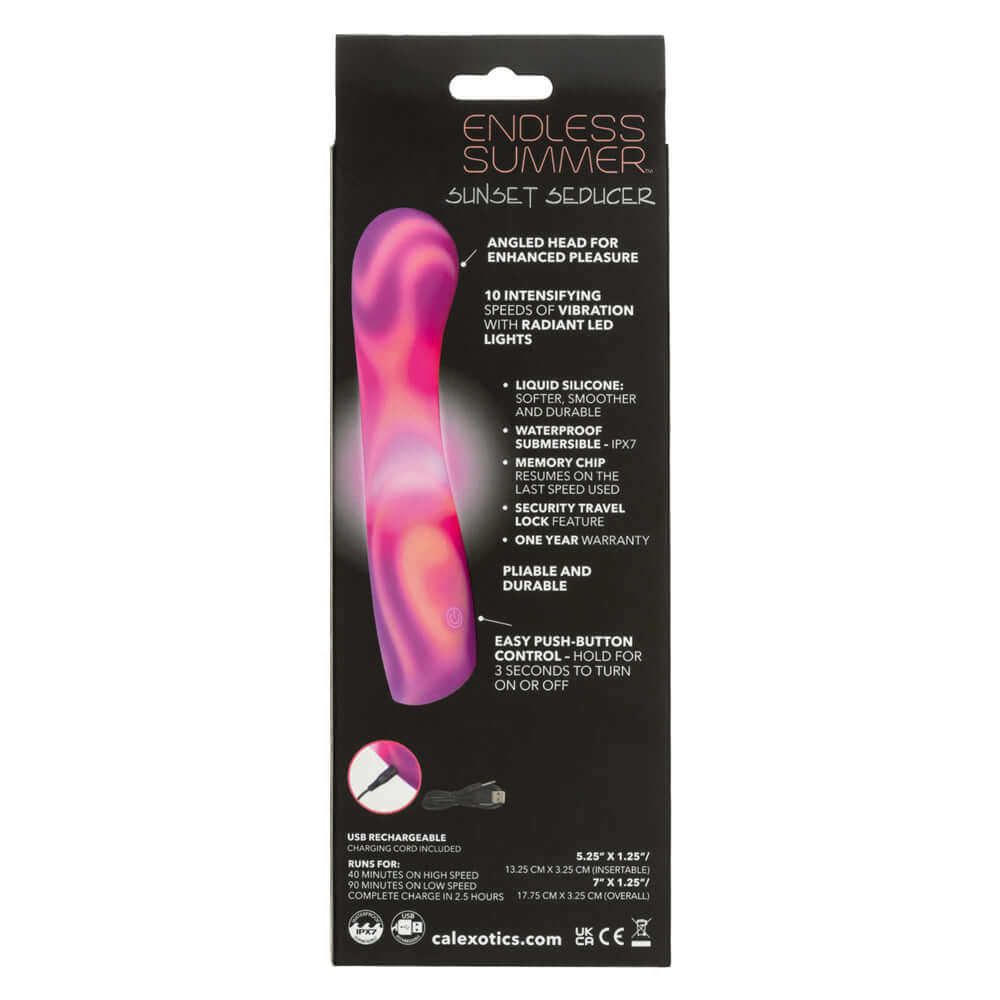 Endless Summer Sunset Seducer Massager Pink with angled head for enhanced pleasure and 10 vibration speeds.