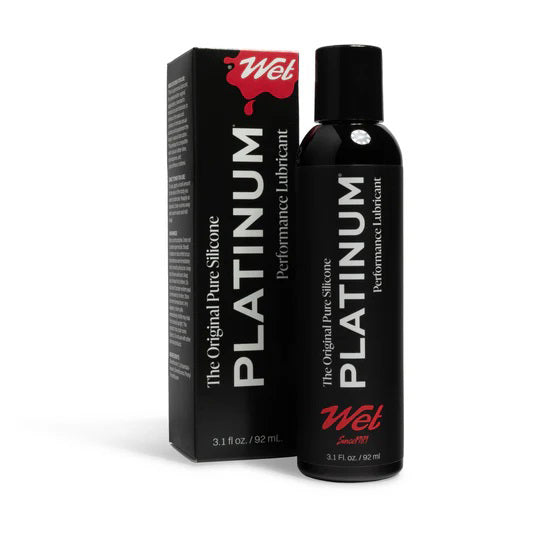 Wet Platinum Luxury Silicone Lubricant 3.1 Oz bottle and packaging on a white background.