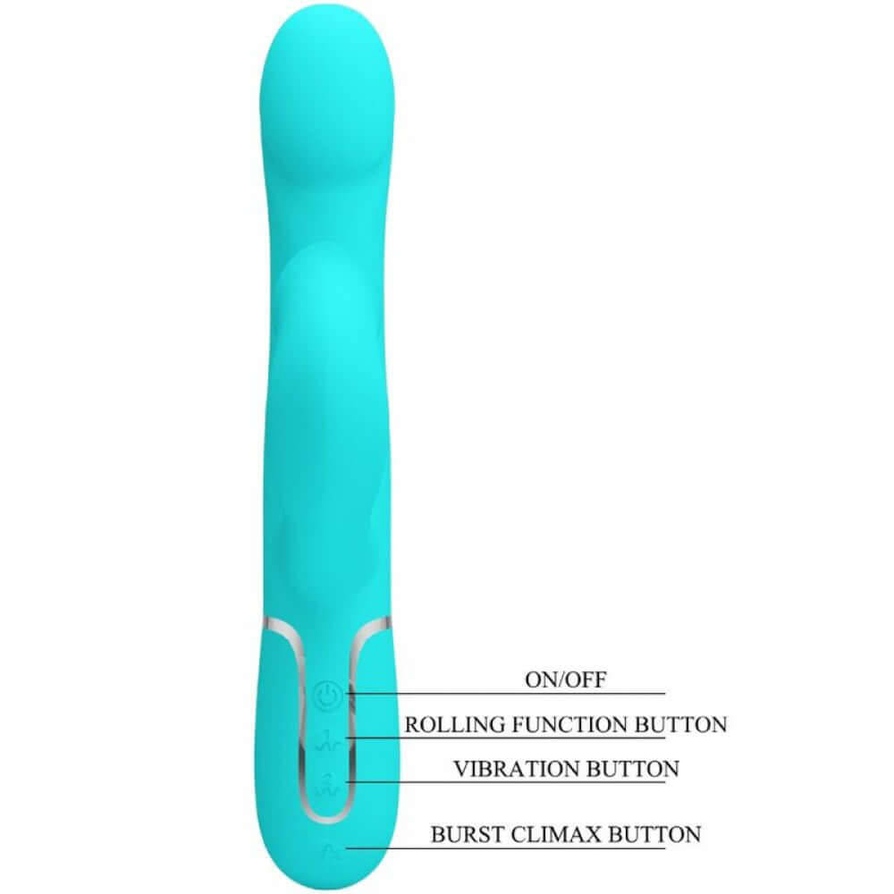 Falin Rabbit Vibrator Pearls in turquoise with labeled control buttons for on/off, rolling function, vibration, and burst climax.