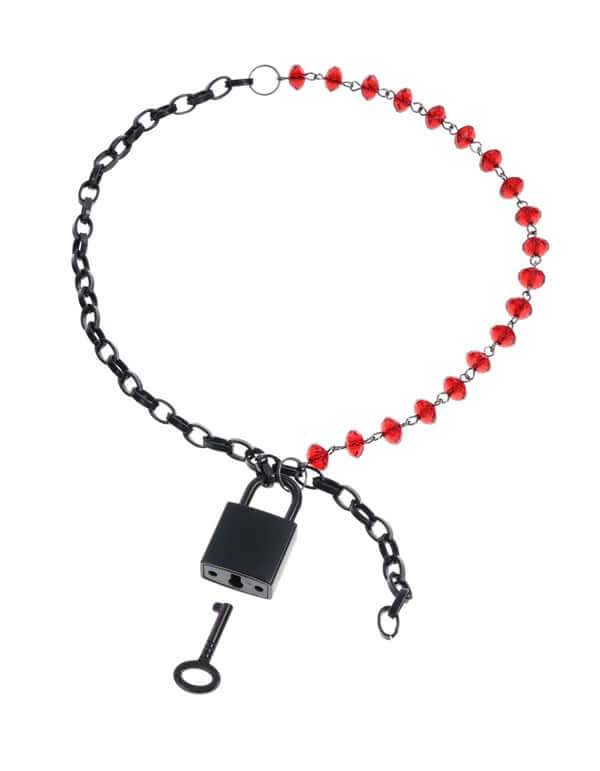 Ex's and Oh's Crystal Day Collar with ruby red crystals and a matte black chain, featuring a lock for secure wear.