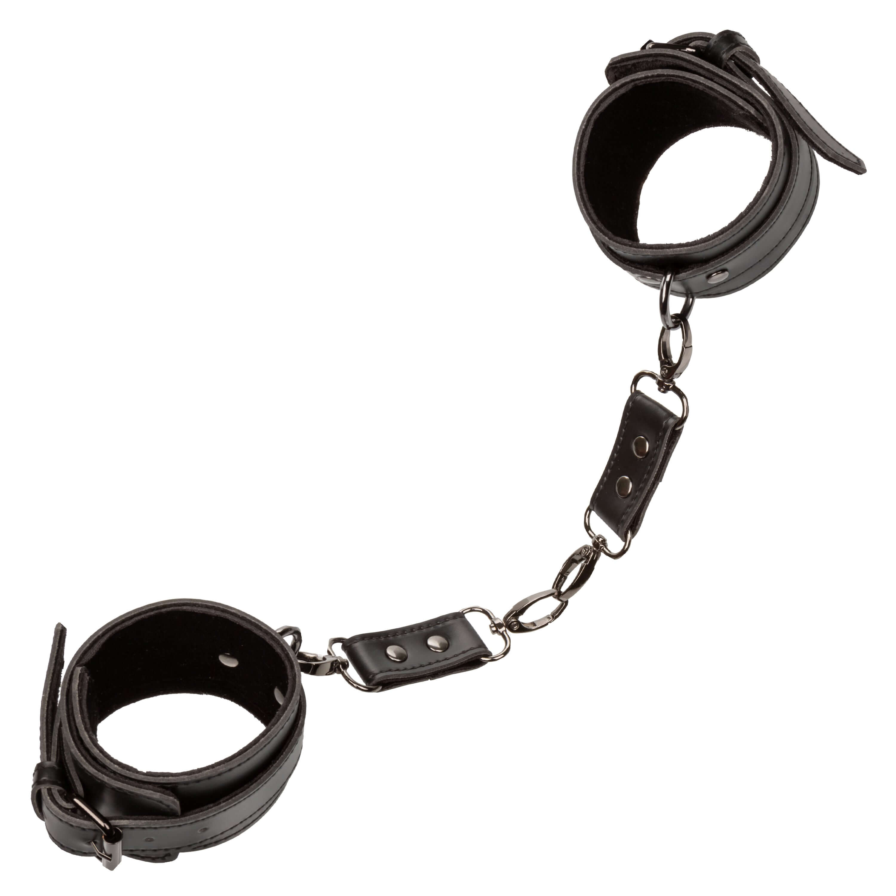 Euphoria Collection Black Ankle Cuffs with adjustable strap and chain for bondage play, featuring soft velvet interior.