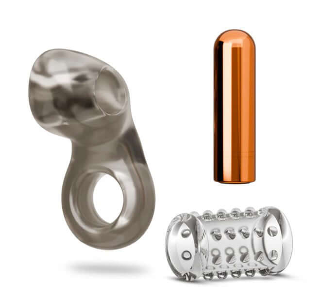 Blush Stay Hard Vibrating Cock Ring Set With Penis Sleeve, featuring a cock ring, textured sleeve, and vibrating bullet.