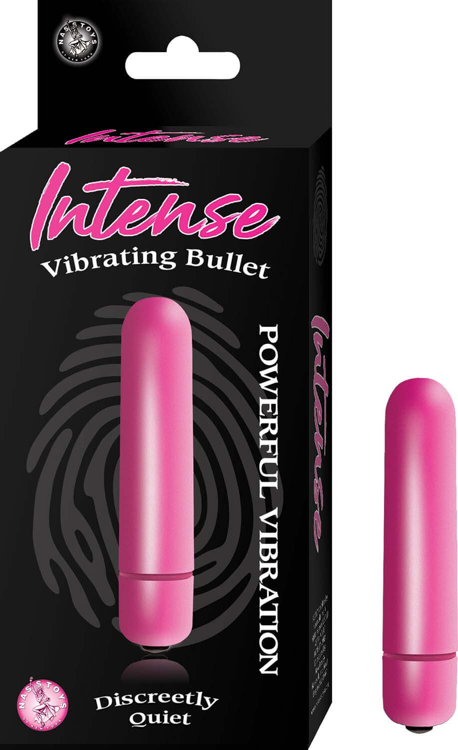 Intense Vibrating Bullet Vibrator Pink packaging with sleek design, emphasizing powerful vibration and discreet use.