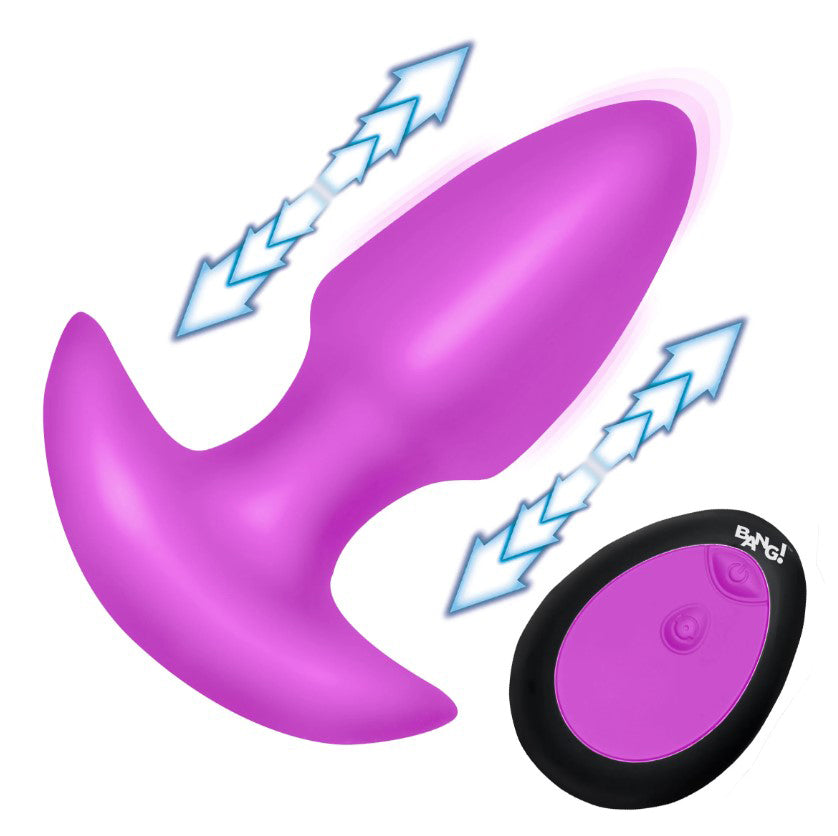 Bang Thrusting and Vibrating Silicone Butt Plug Purple with remote control and thrusting arrows.