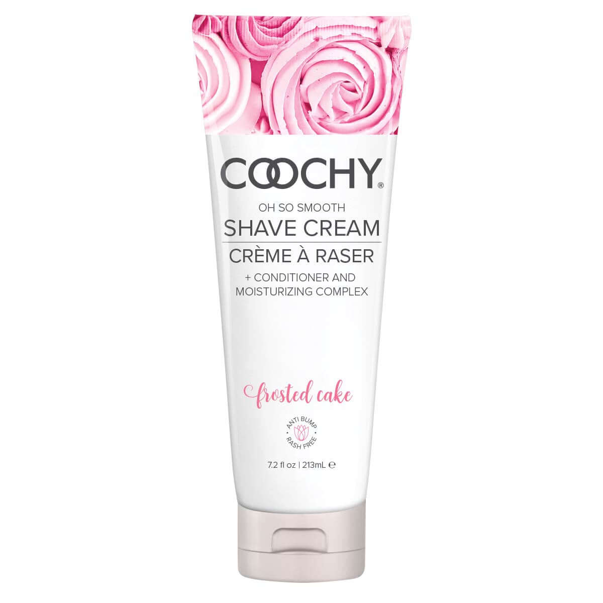 Coochy Shave Cream Frosted Cake 7.2 Oz tube with pink rose design for smooth shaving and skin hydration.