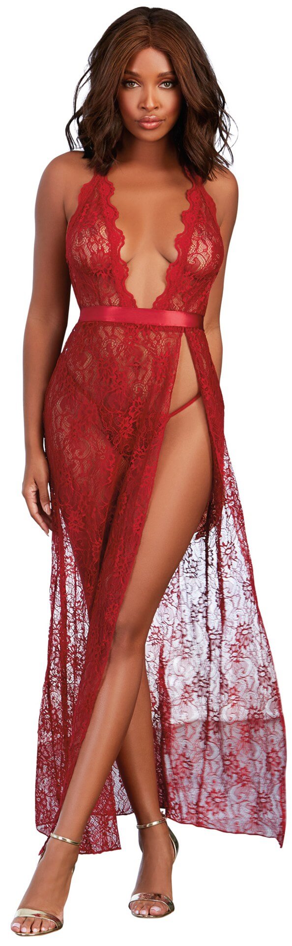Dreamgirl Gown G-String Small Garnet model showcasing elegance in a stunning long lace gown, perfect for intimate occasions.
