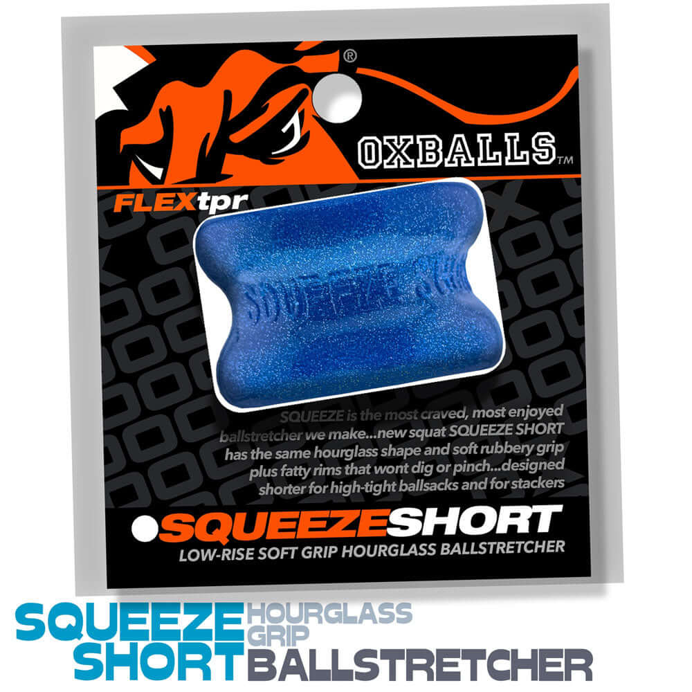 Oxballs Squeeze Short Ballstretcher Blue Fire in packaging, featuring compact design and hourglass shape.