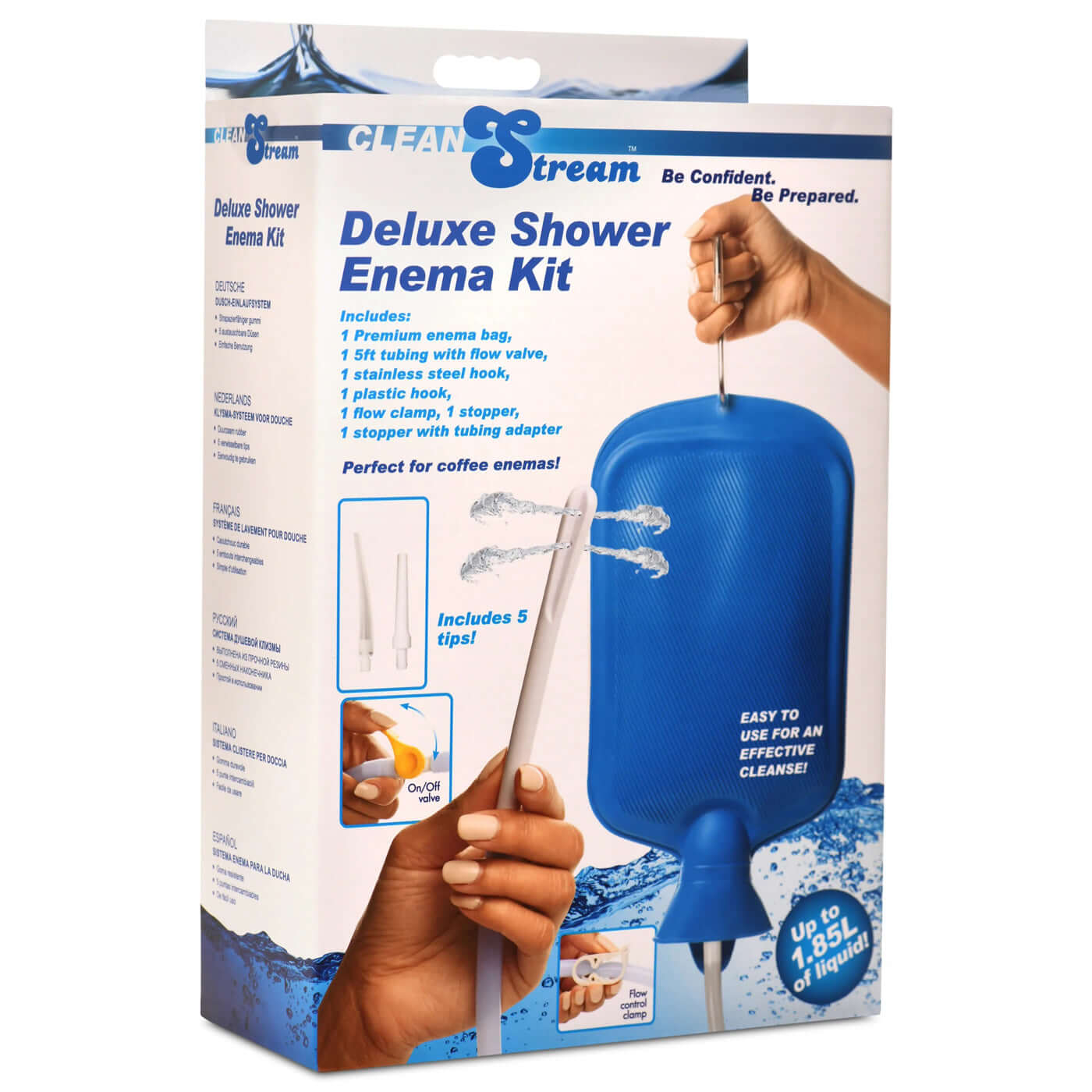 Deluxe Shower Enema Kit packaging with blue enema bag and accessories for easy cleansing.