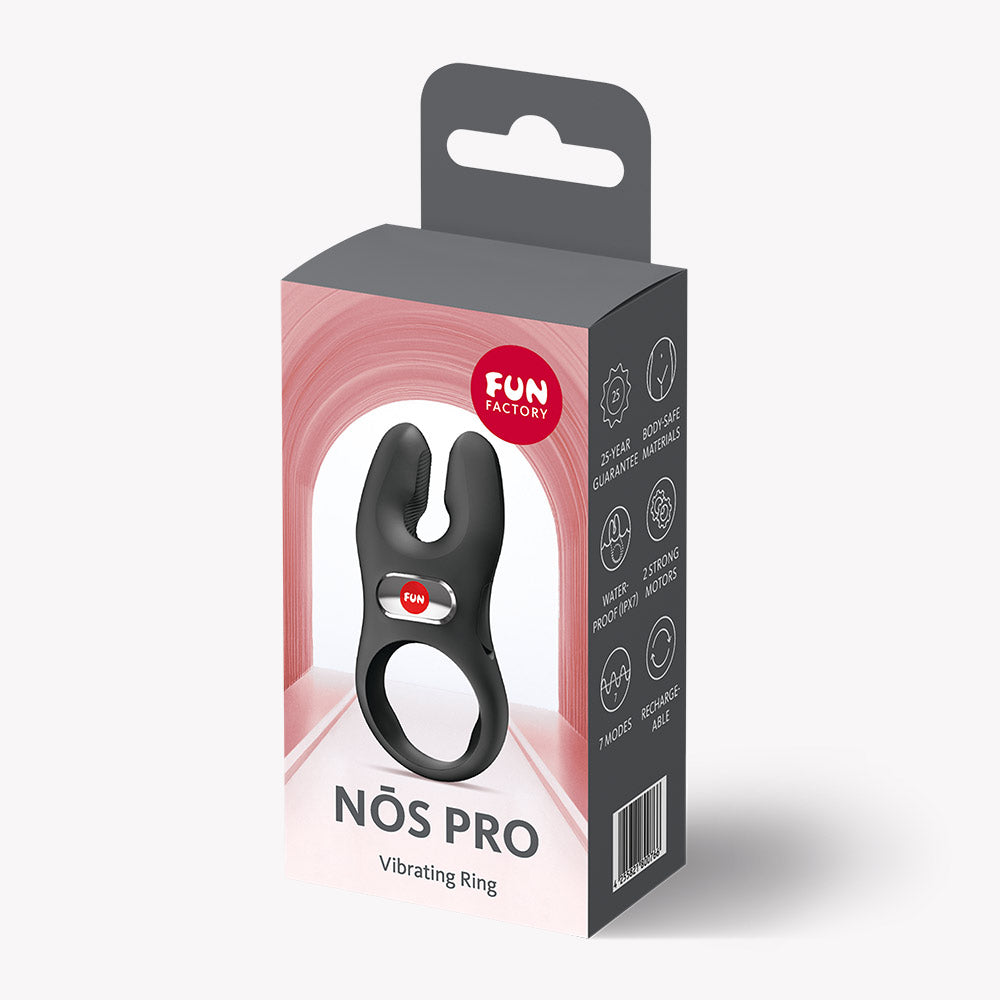 Fun Factory Nos Classic Vibrating Cock Ring Black in packaging with ergonomic design and dual-motor stimulation features.