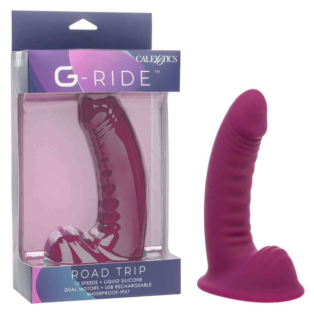 G-Ride Road Trip Liquid Silicone Vibrator in packaging, featuring a powerful dual-motor design and waterproof qualities.