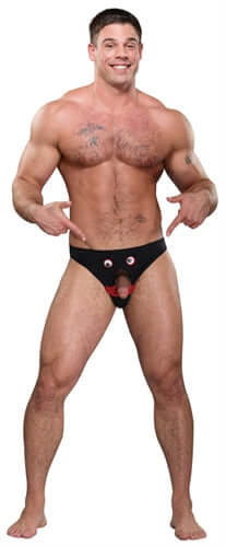 Male Power Mr Nose Bikini One Size Black showcased by a muscular man with googly eyes and a mustache design.