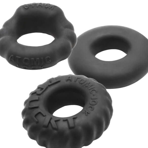 Oxballs Bonemark 3-Pack Boner Cockring Kit in black silicone with three unique designs for enhanced support and comfort.
