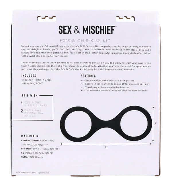 Ex's and Oh's Kiss Kit packaging showcasing items for sensual exploration, including a blindfold and feather tickler.