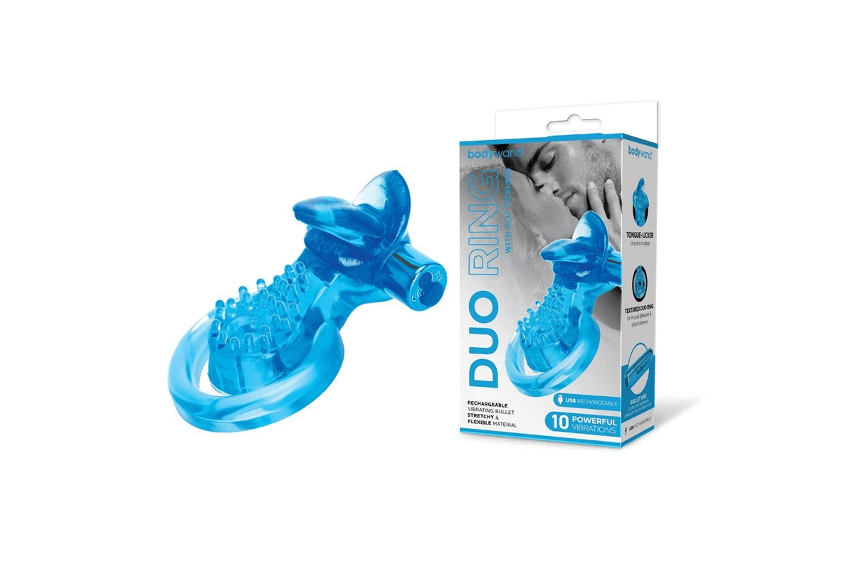 Bodywand Rechargeable Duo Ring With Clit Tickler Blue with packaging, designed for enhanced couples pleasure.