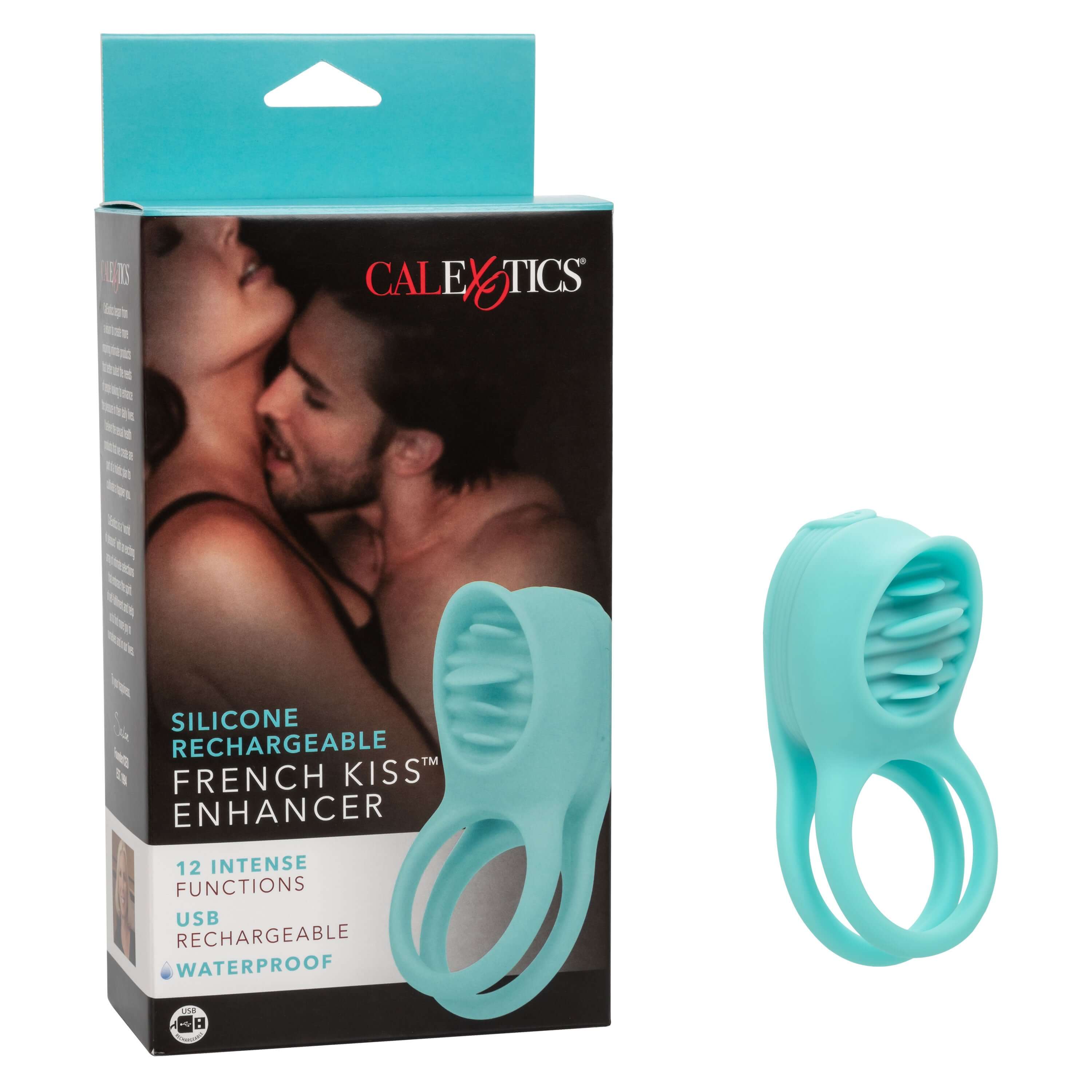 Silicone Rechargeable French Kiss Enhancer packaging with couples enjoying intimacy, showcasing innovative design and features.