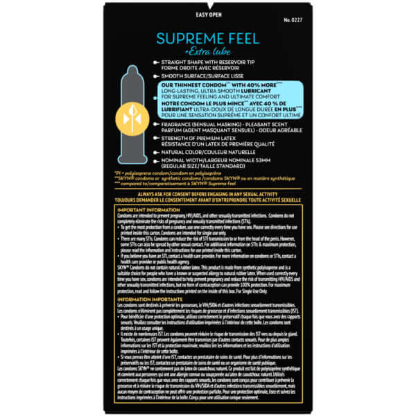 Skyn Supreme Feel Extra Lube Condoms 8 Pack packaging showing details about the product and its features.