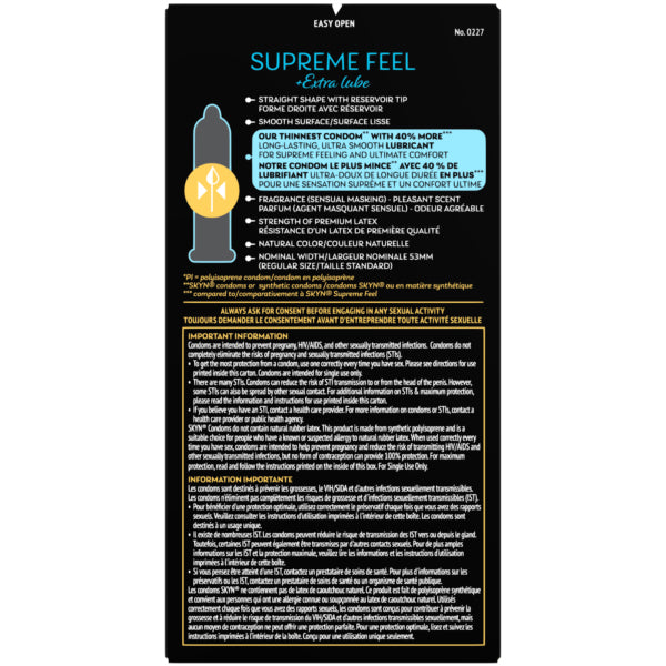 Skyn Supreme Feel Extra Lube Condoms 8 Pack packaging showing details about the product and its features.