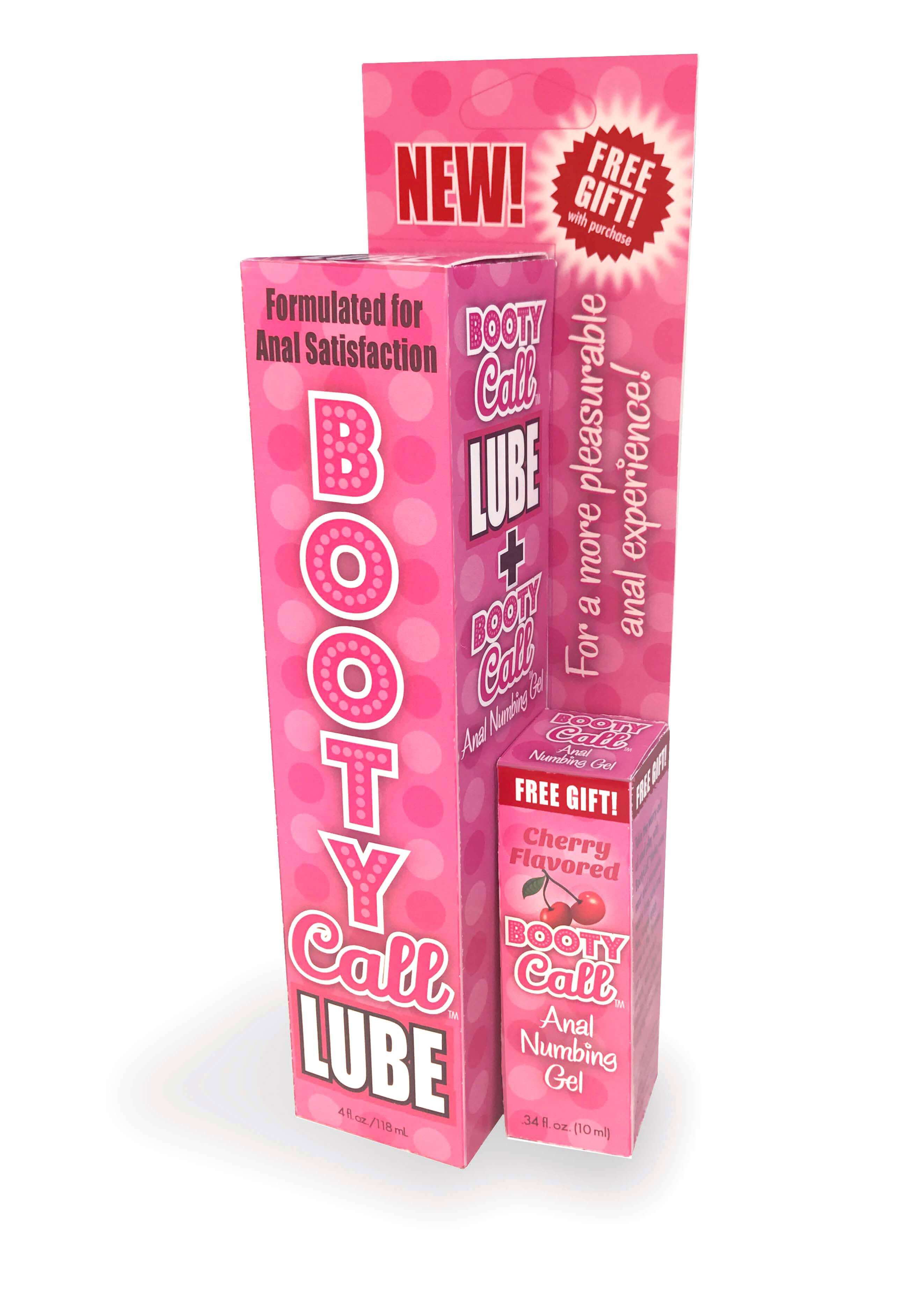 Booty Call Lube Duo 4 Oz packaging featuring water-based lubricant and numbing gel for anal play.