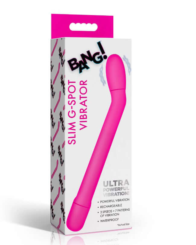 Bang Slim G-Spot Vibrator Pink packaging showcasing a sleek design and features for targeted stimulation.