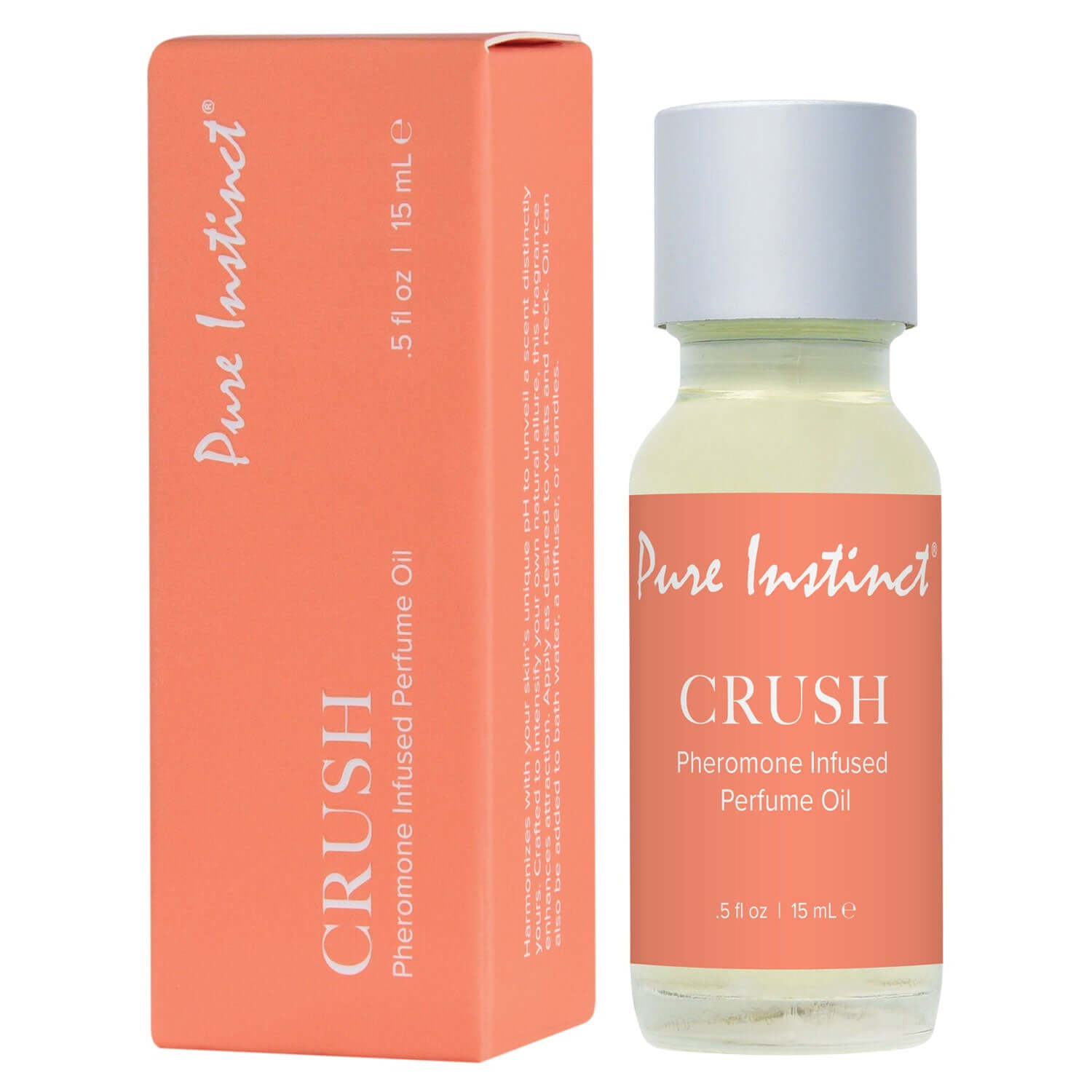 Pure Instinct Crush Pheromone Perfume Oil 15ml bottle and packaging in vibrant orange.