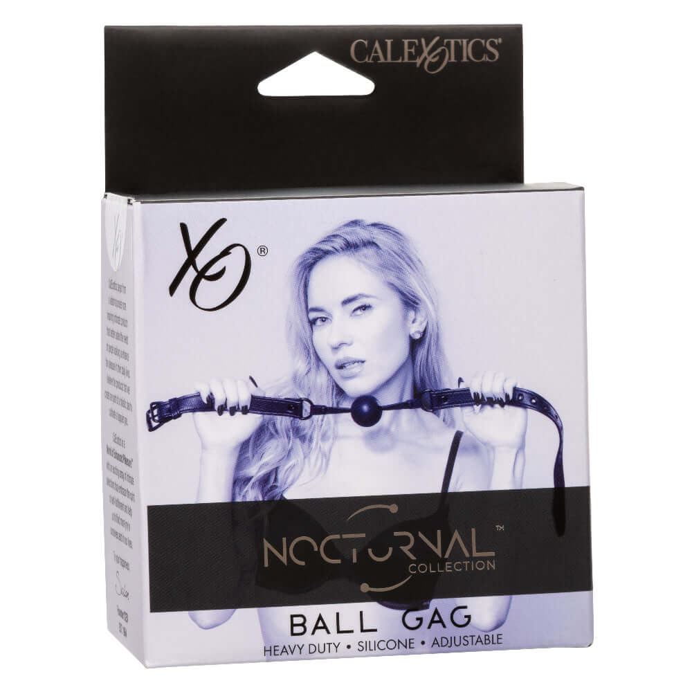Nocturnal Collection Ball Gag in black packaging featuring model and product details