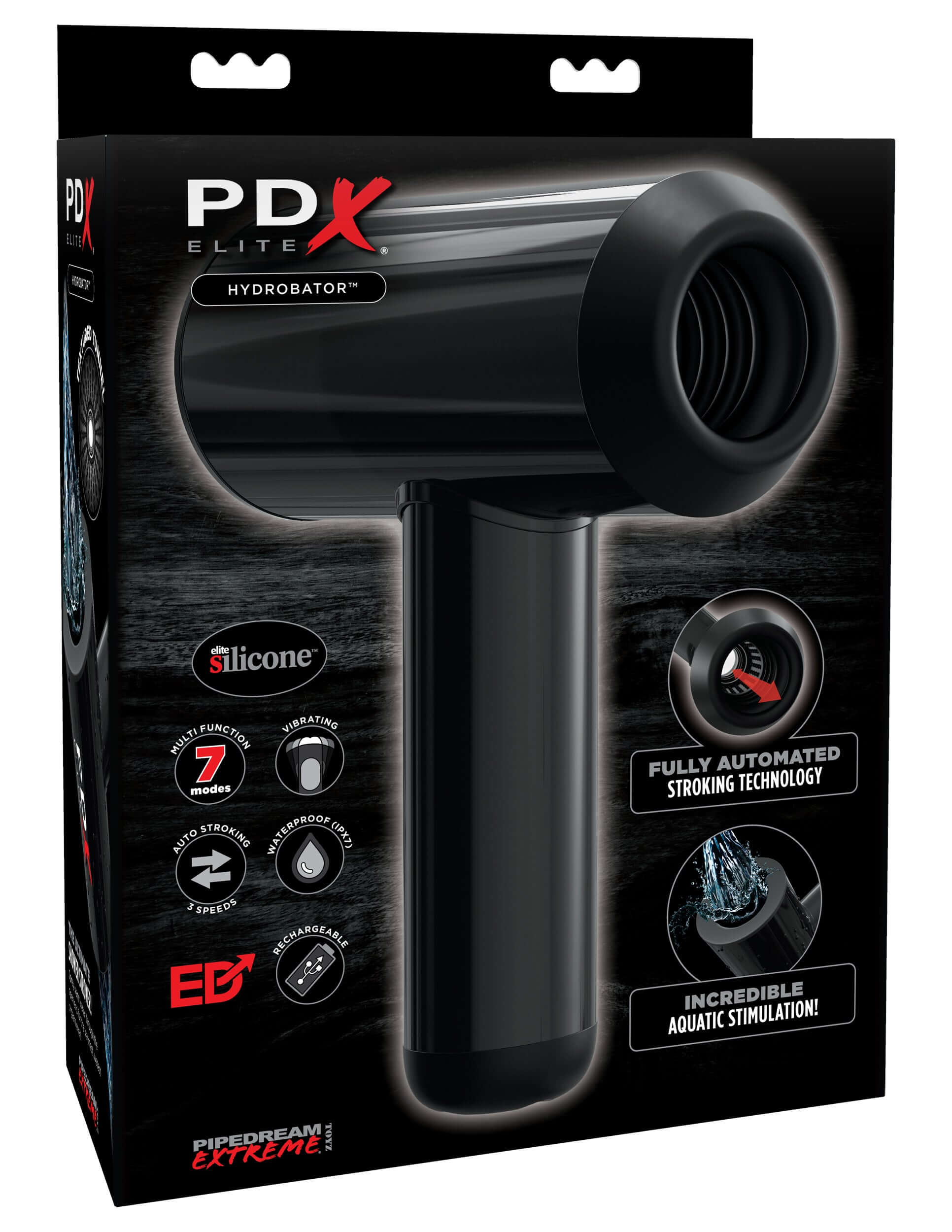 PDX Elite Rechargeable Hydrobator Masturbator packaging showcasing its automated stroking technology and silicone design.