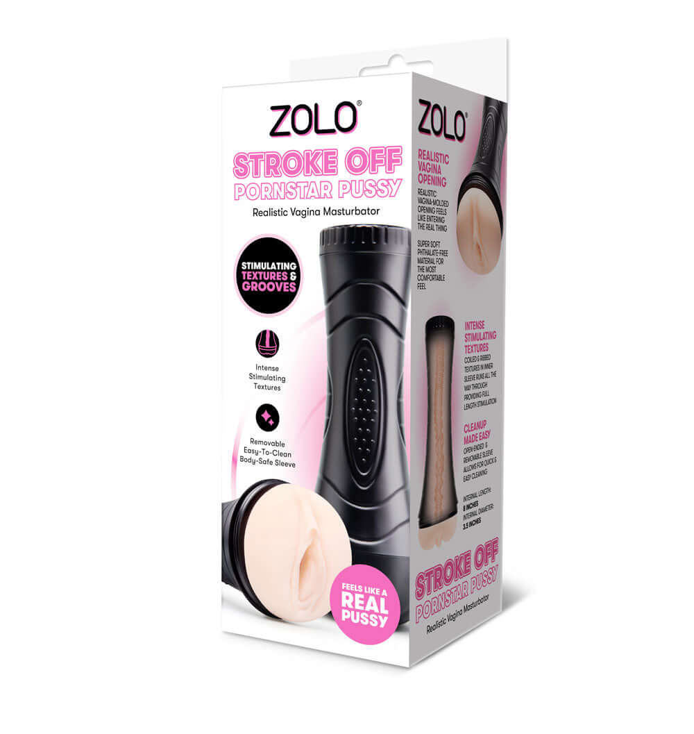 ZOLO Stroke Off Pornstar Pussy Masturbator packaging featuring realistic vagina for ultra-realistic pleasure.
