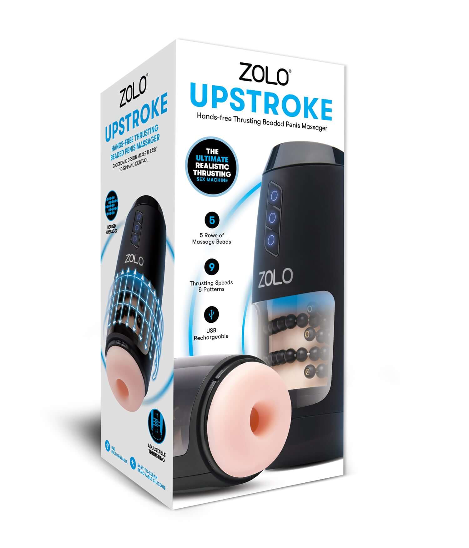 ZOLO Upstroke Hands-Free Thrusting Beaded Masturbator packaging showcasing features and design.