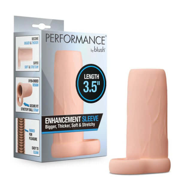 Performance 3.5 Inch Enhancement Penis Sleeve Beige packaging with product features and dimensions displayed.