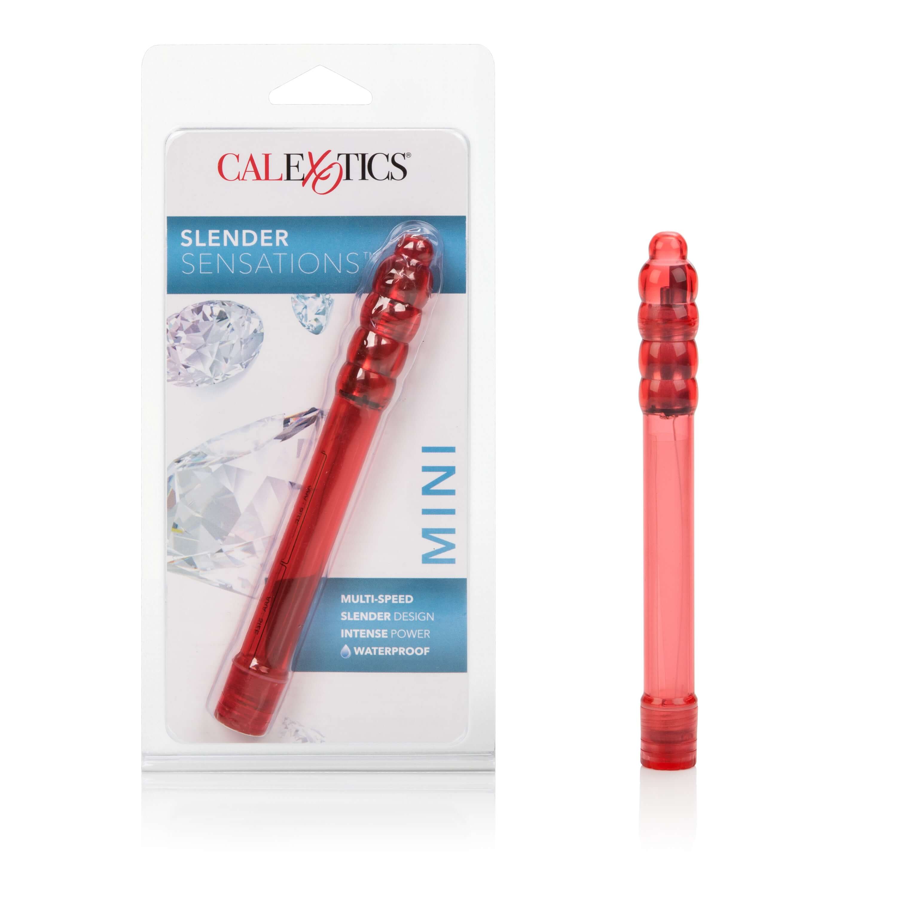 Slender Sensations Mini Vibrator Red in packaging showcasing its slim design and powerful features.