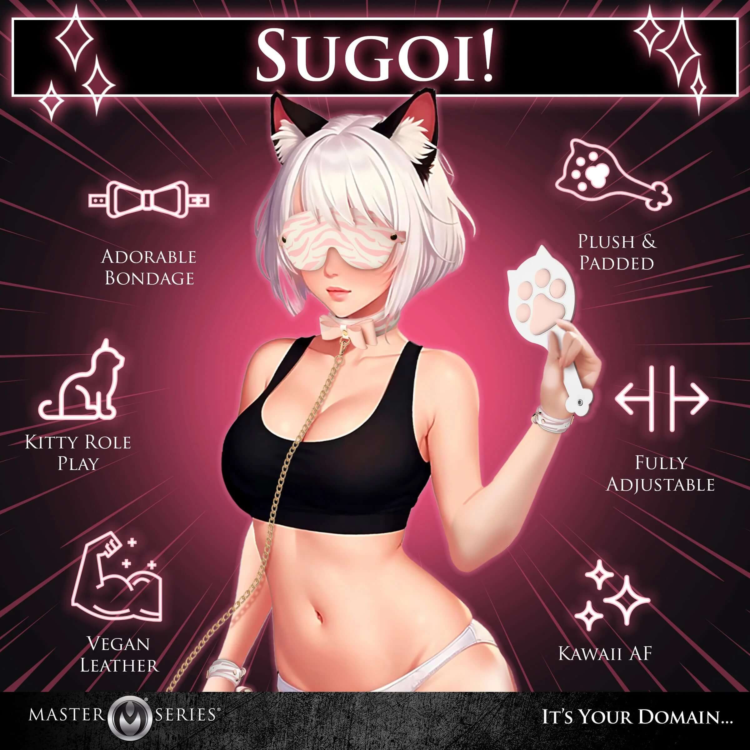 Pink Kitty Bondage Set featuring vegan leather and gold plating. Enjoy kitty role play with adjustable cuffs and collar, plus plush blindfold.