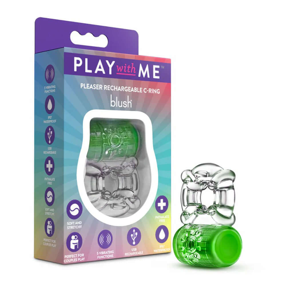 Play With Me Pleaser Rechargeable C-Ring in neon green packaging, designed for enhanced pleasure and couple's enjoyment.