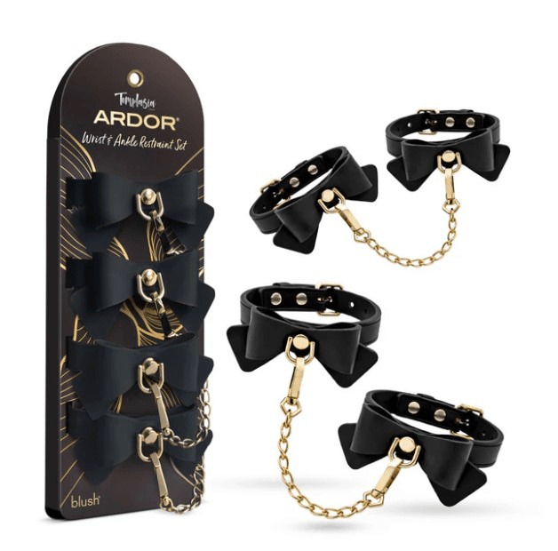 Temptasia Ardor Wrist & Ankle Restraints Black With Bow displayed with bows and chains for elegant restraint.