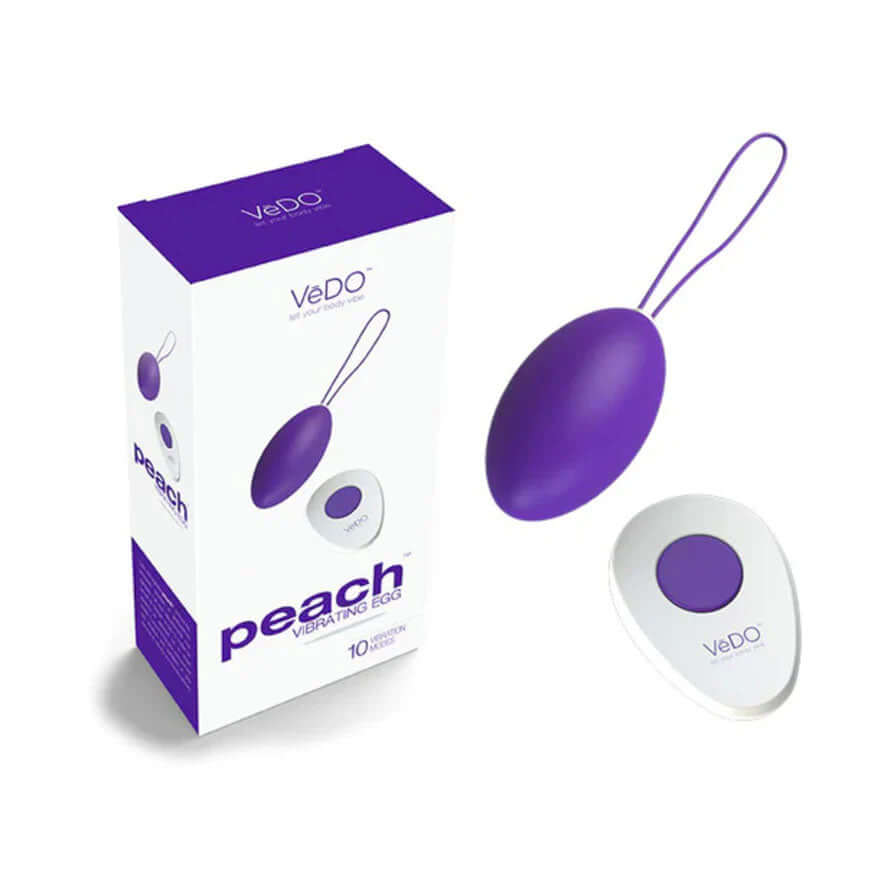 Vedo Peach Vibrating Egg Indigo shown with packaging and remote for discreet and satisfying sensations.