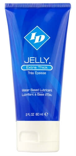 ID Jelly Extra Thick Water Based Lubricant 2 Oz tube, featuring a blue design and label for enhanced glide and comfort.