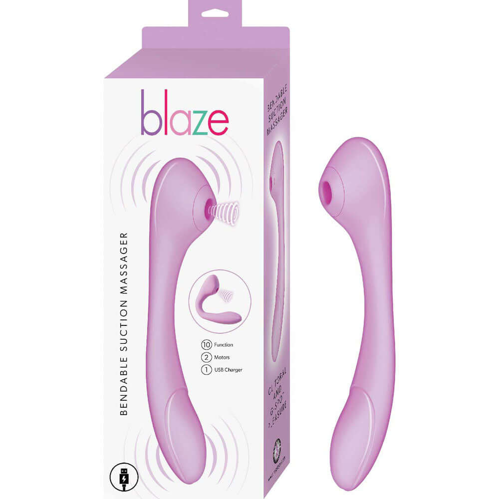 Blaze Bendable Suction Massager in Lavender with packaging showing features and USB-rechargeable design.