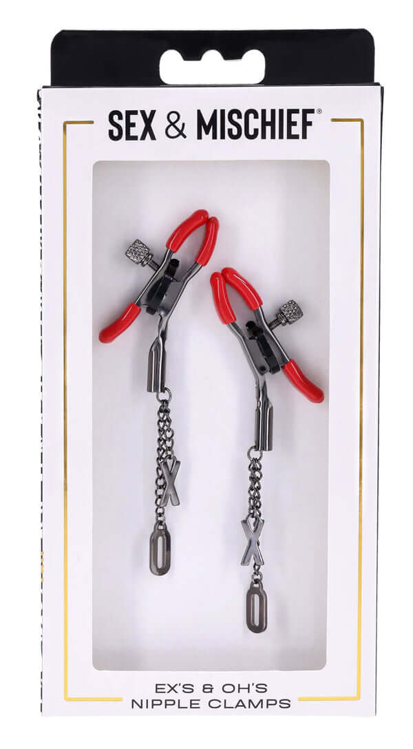 Ex's and Oh's Nipple Clamps in gunmetal with red rubber tips and dangling charms, packaged for a playful experience.