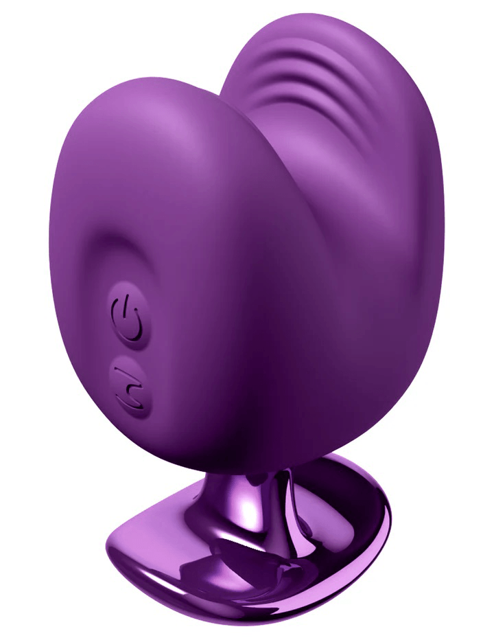 Fantasy for Her Luv Bites Massager Purple showcasing its sleek silicone design and innovative squeeze-style mechanism.