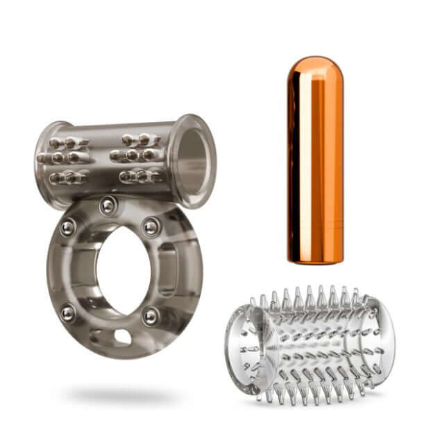 Blush Stay Hard Vibrating Cock Ring Set With Sleeve Textured Sheath including cock ring, textured sleeve, and vibrating bullet.